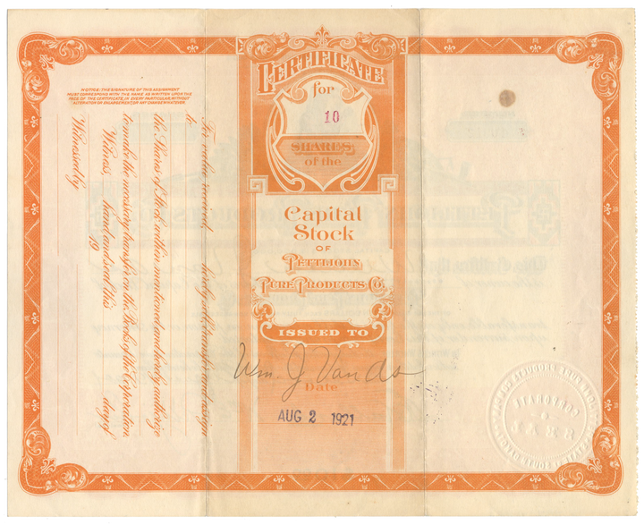 Pettijohn Pure Products Co. Stock Certificate