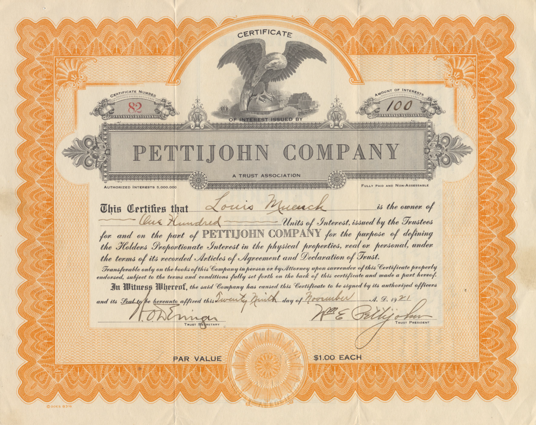 Pettijohn Company Stock Certificate