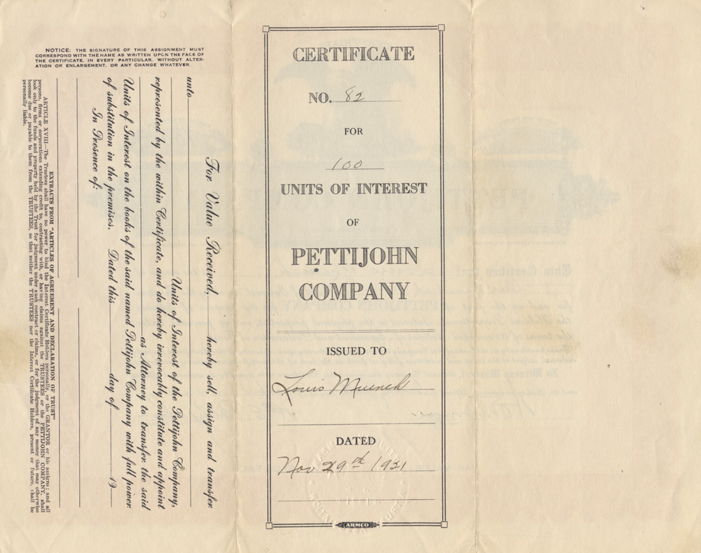 Pettijohn Company Stock Certificate