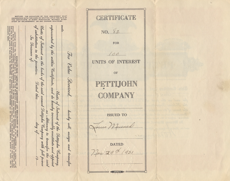 Pettijohn Company Stock Certificate