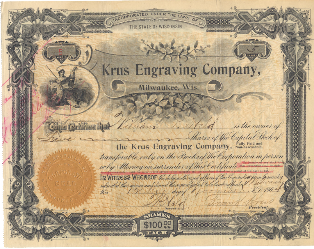 Krus Engraving Company Stock Certificate