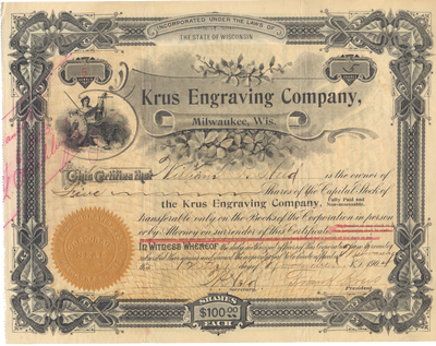 Krus Engraving Company Stock Certificate
