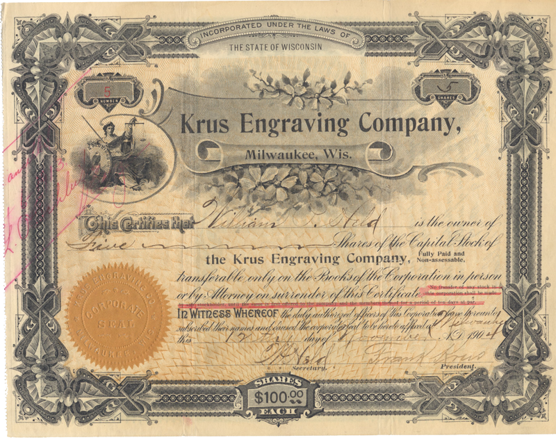 Krus Engraving Company Stock Certificate