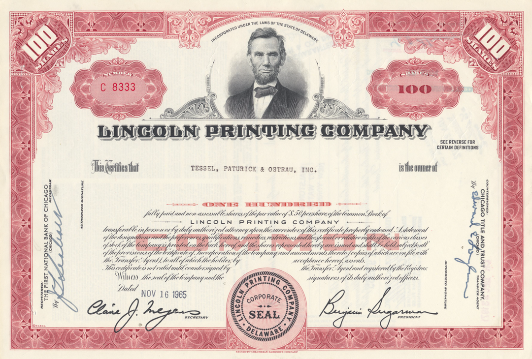 Lincoln Printing Company Stock Certificate