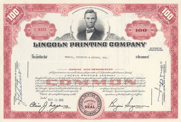 Lincoln Printing Company Stock Certificate