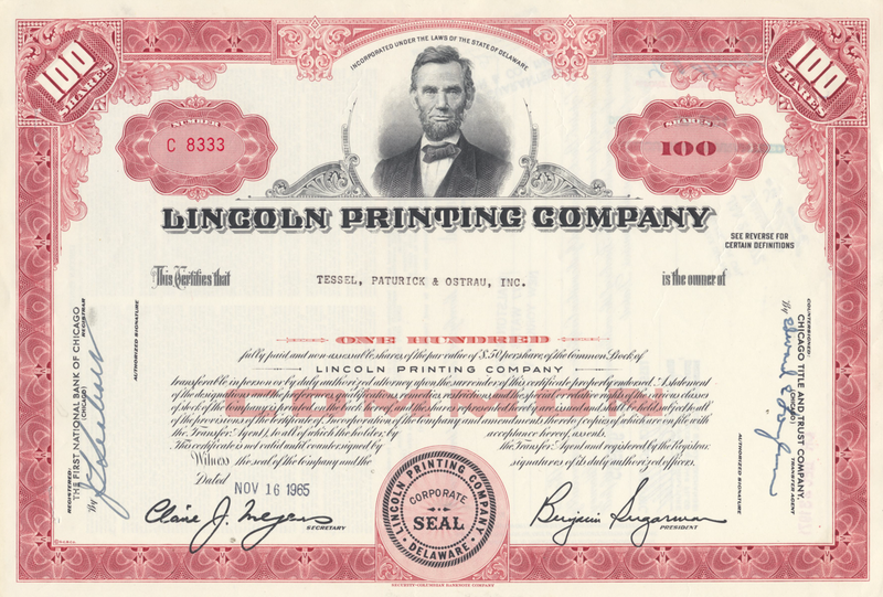 Lincoln Printing Company Stock Certificate