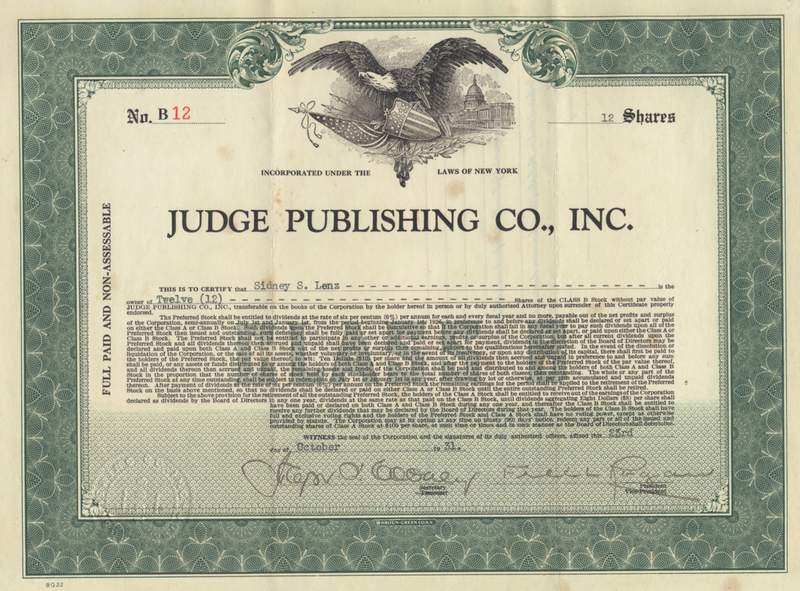Judge Publishing Co., Inc. Stock Certificate