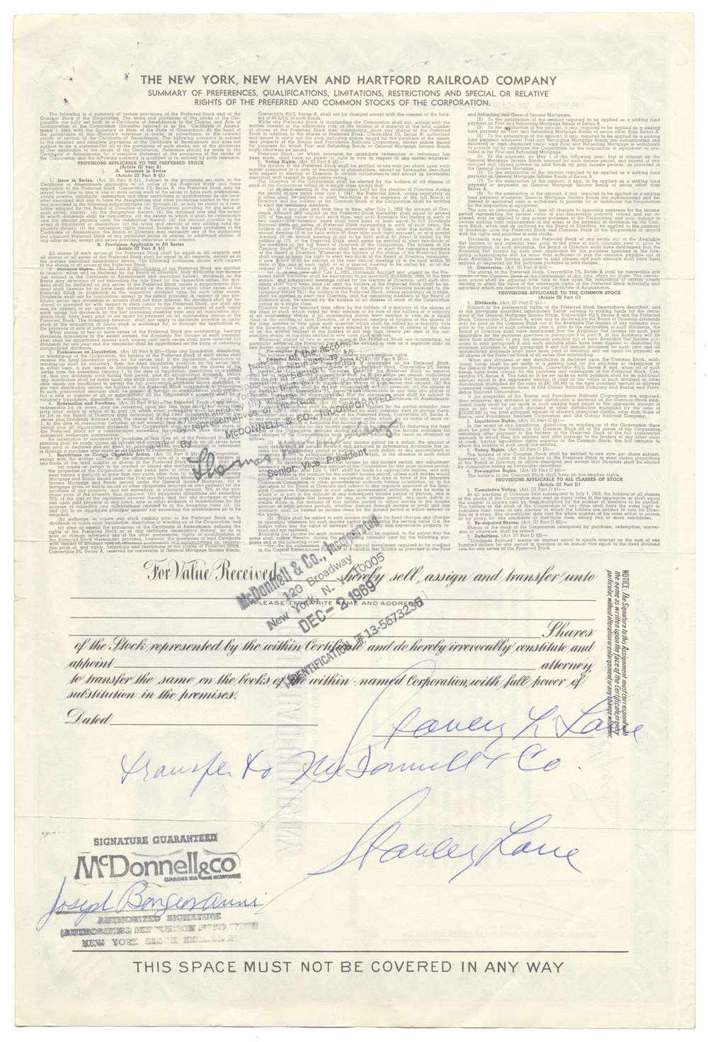 New York, New Haven and Hartford Railroad Company Stock Certificate