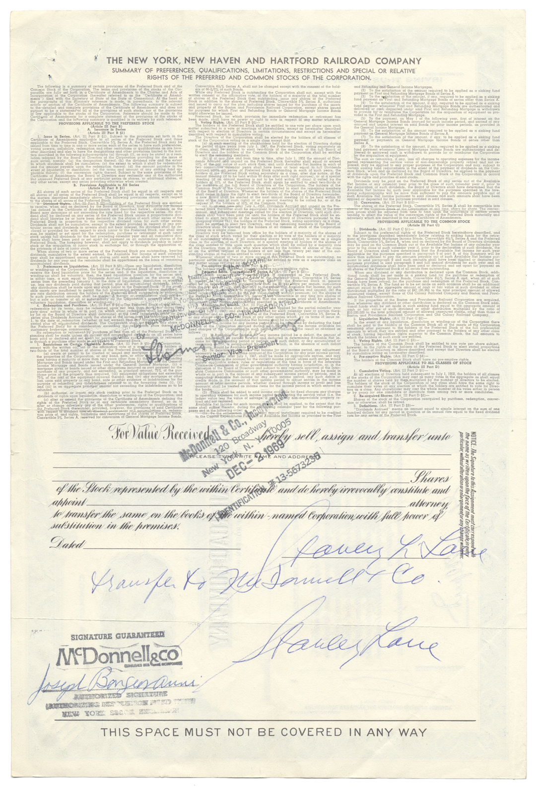 New York, New Haven and Hartford Railroad Company Stock Certificate