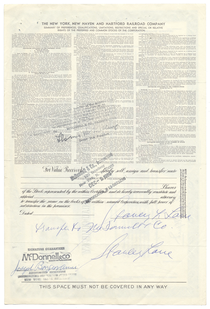 New York, New Haven and Hartford Railroad Company Stock Certificate