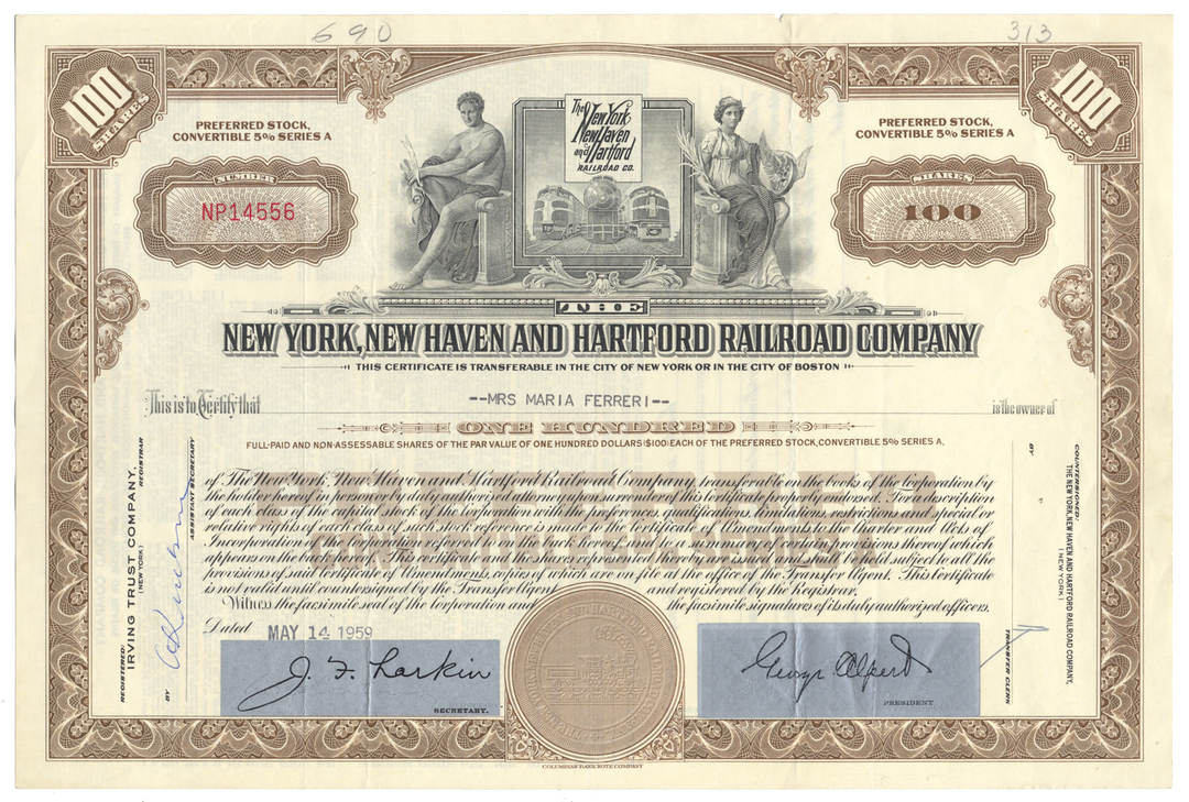 New York, New Haven and Hartford Railroad Company Stock Certificate