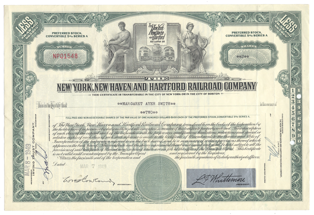 New York, New Haven and Hartford Railroad Company Stock Certificate