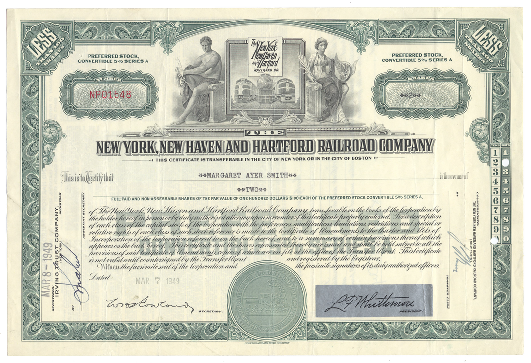 New York, New Haven and Hartford Railroad Company Stock Certificate