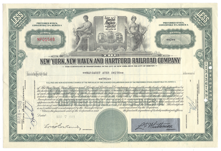 New York, New Haven and Hartford Railroad Company Stock Certificate