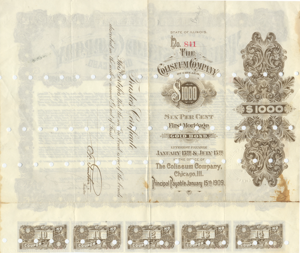 Coliseum Company of Chicago Bond Certificate