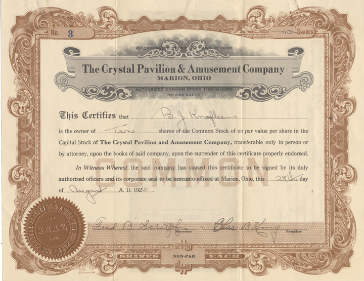 Crystal Pavilion & Amusement Company Stock Certificate