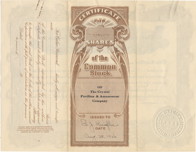 Crystal Pavilion & Amusement Company Stock Certificate