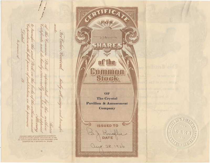 Crystal Pavilion & Amusement Company Stock Certificate