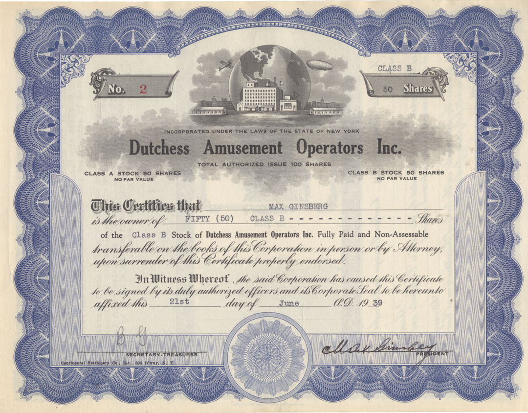 Dutchess Amusement Operators, Inc. Stockl Certificate