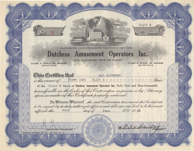 Dutchess Amusement Operators, Inc. Stockl Certificate