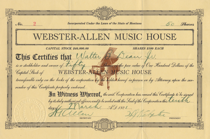 Webster-Allen Music House Stock Certificate