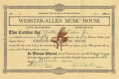 Webster-Allen Music House Stock Certificate