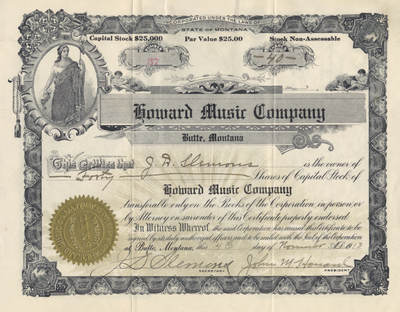 Howard Music Company Stock Certificate