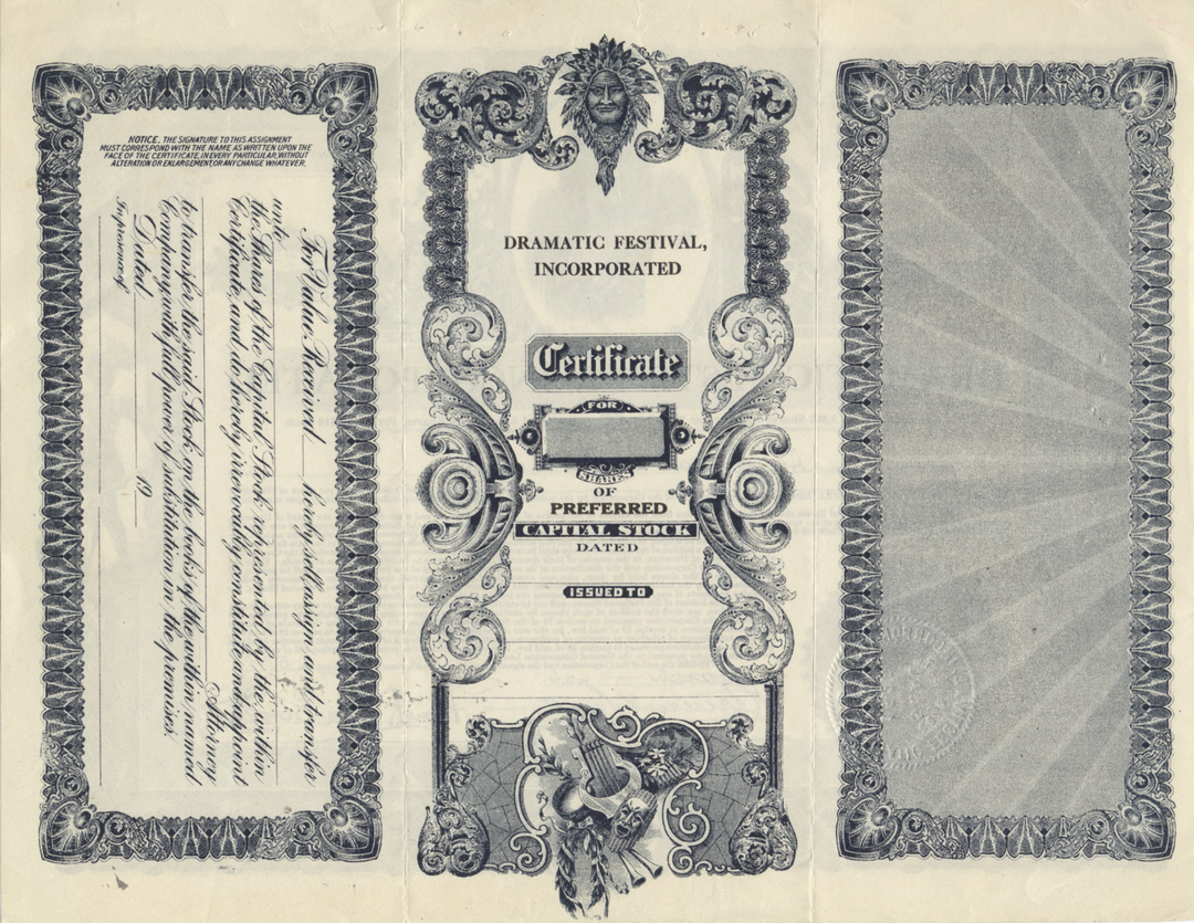 Dramatic Festival, Incorporated Stock Certificate