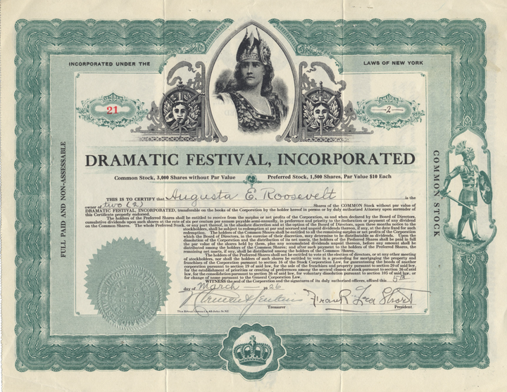 Dramatic Festival, Incorporated Stock Certificate