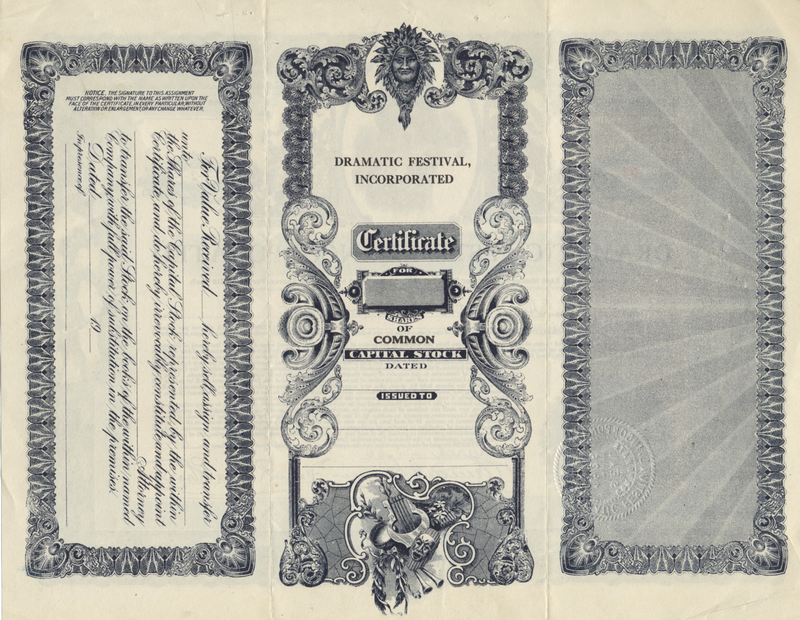 Dramatic Festival, Incorporated Stock Certificate
