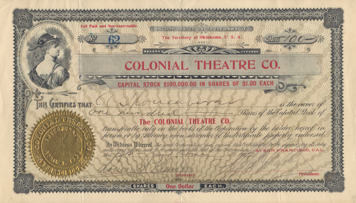 Colonial Theatre Co. Stock Certificate