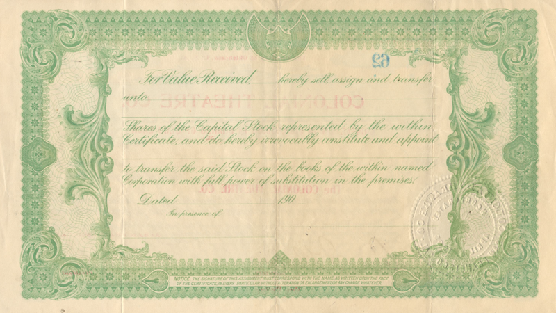 Colonial Theatre Co. Stock Certificate
