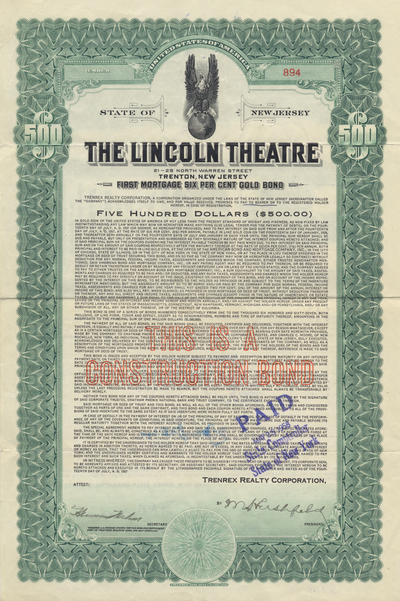 Lincoln Theatre Bond Certificate