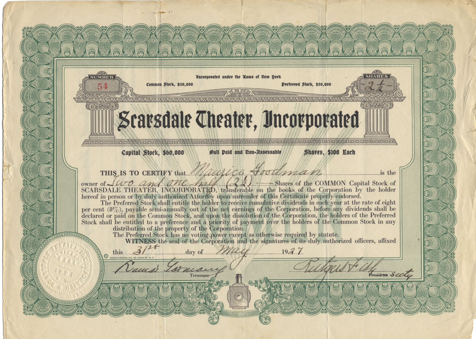 Scarsdale Theater, Incorporated Stock Certificate