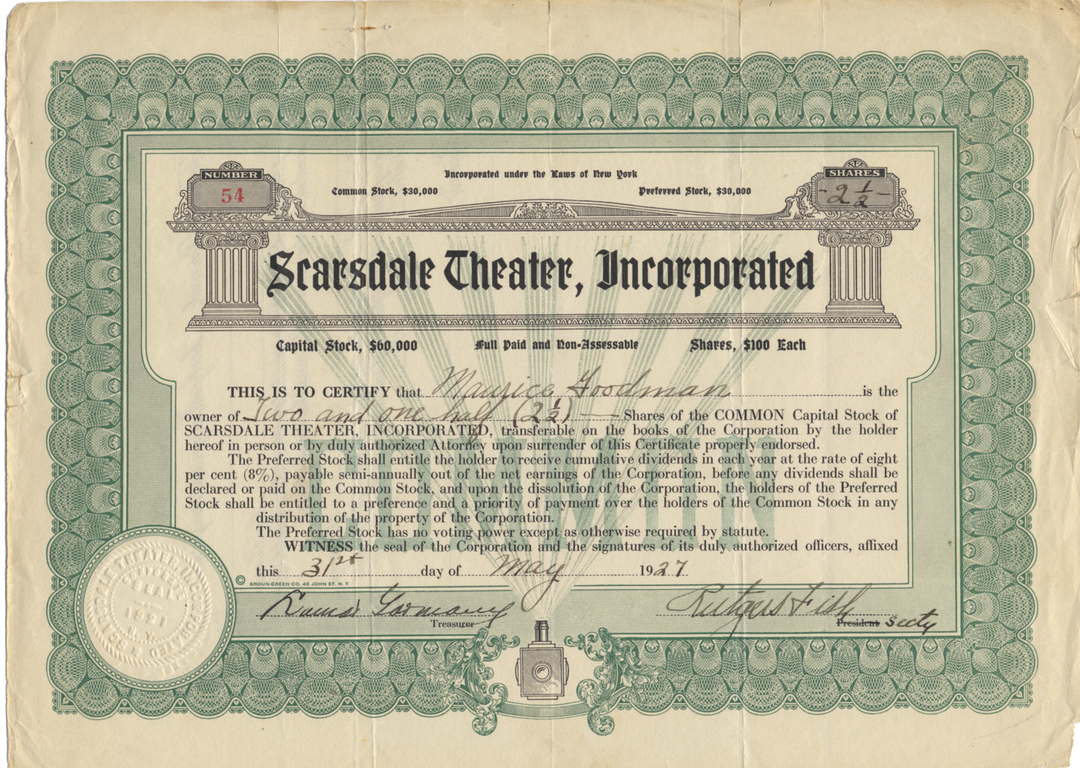 Scarsdale Theater, Incorporated Stock Certificate