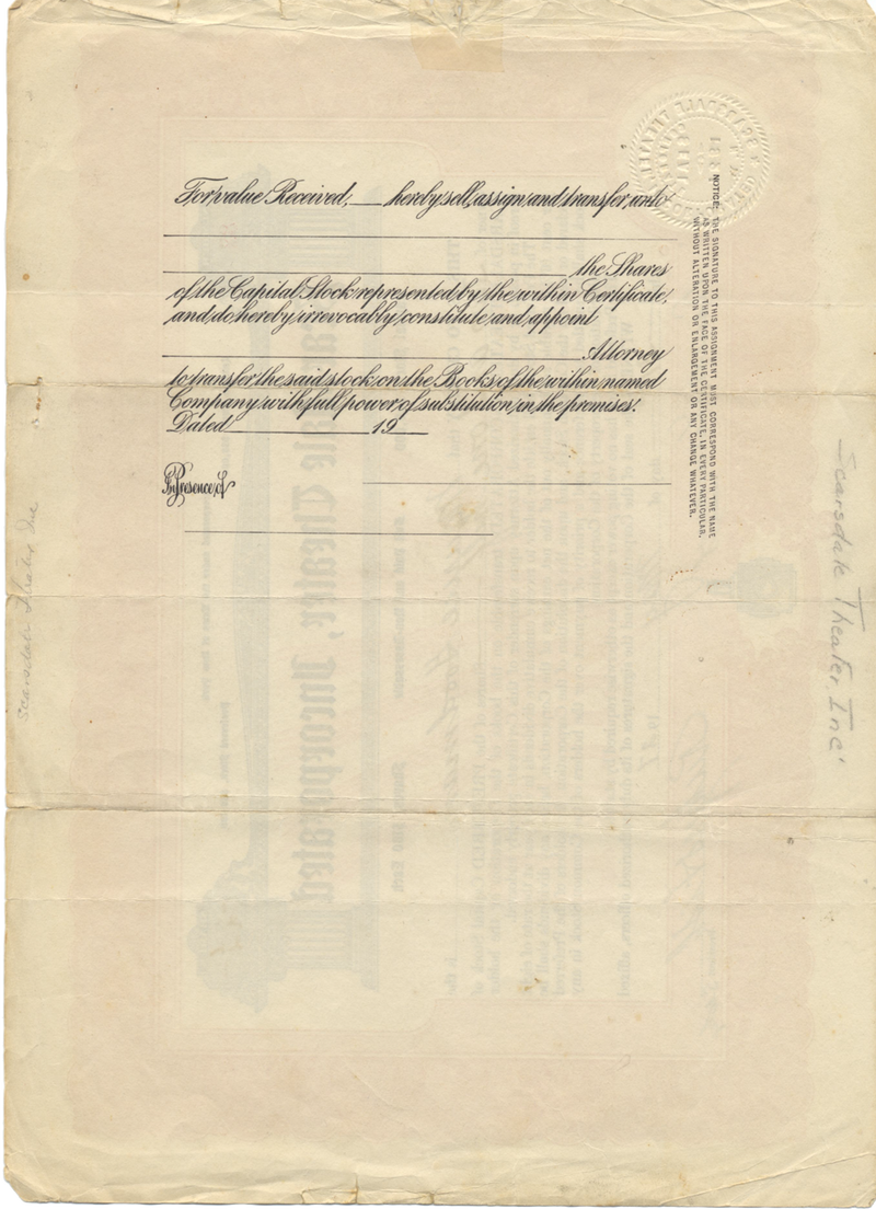 Scarsdale Theater, Incorporated Stock Certificate