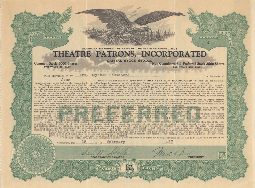 Theatre Patrons, Incorporated Stock Certificate