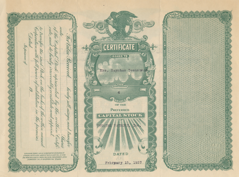 Theatre Patrons, Incorporated Stock Certificate