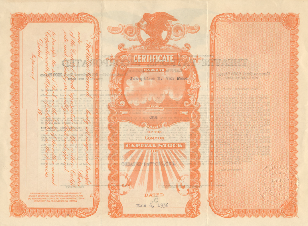 Theatre Patrons, Incorporated Stock Certificate