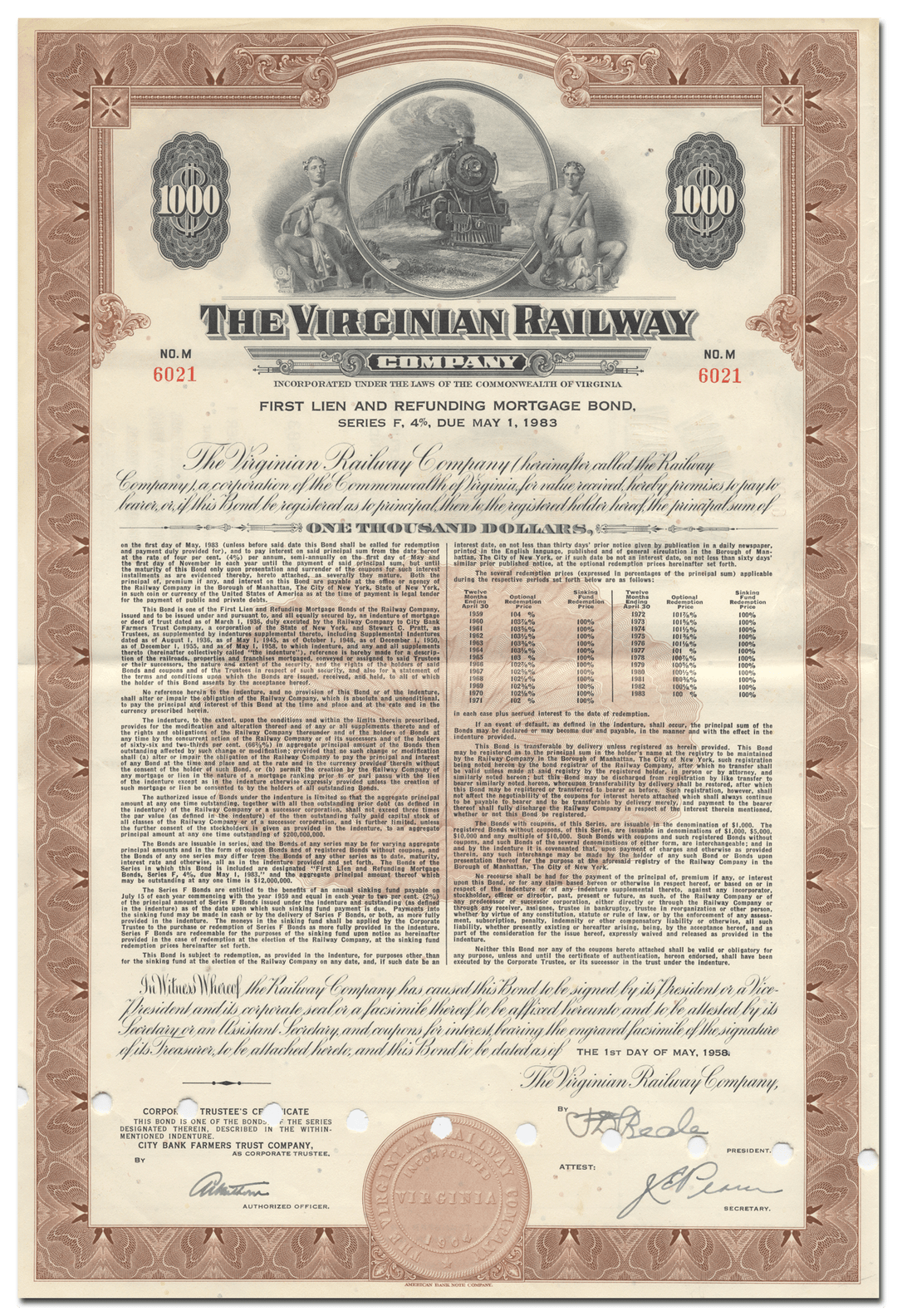 Virginia Railway Company Bond Certificate