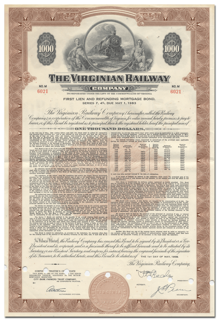 Virginia Railway Company Bond Certificate