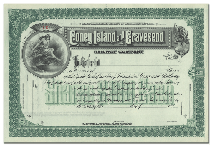 Coney Island and Gravesend Railway Company Stock Certificate