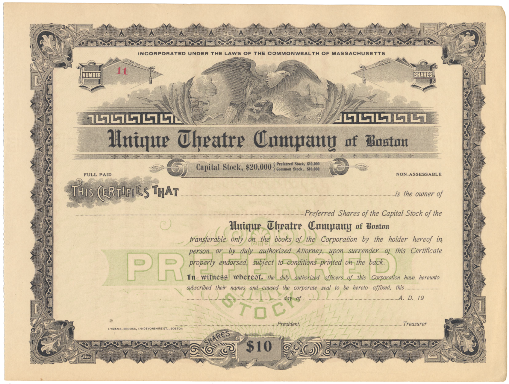 Unique Theatre Company of Boston Stock Certificate