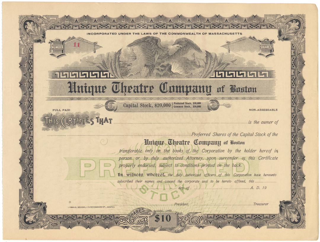 Unique Theatre Company of Boston Stock Certificate