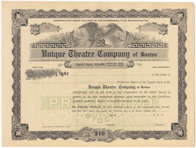 Unique Theatre Company of Boston Stock Certificate