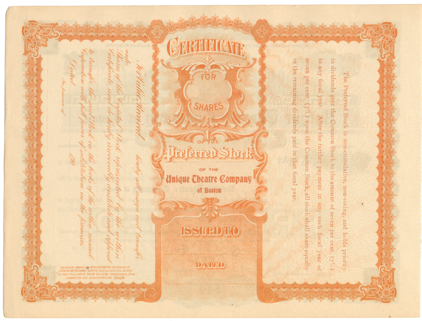 Unique Theatre Company of Boston Stock Certificate