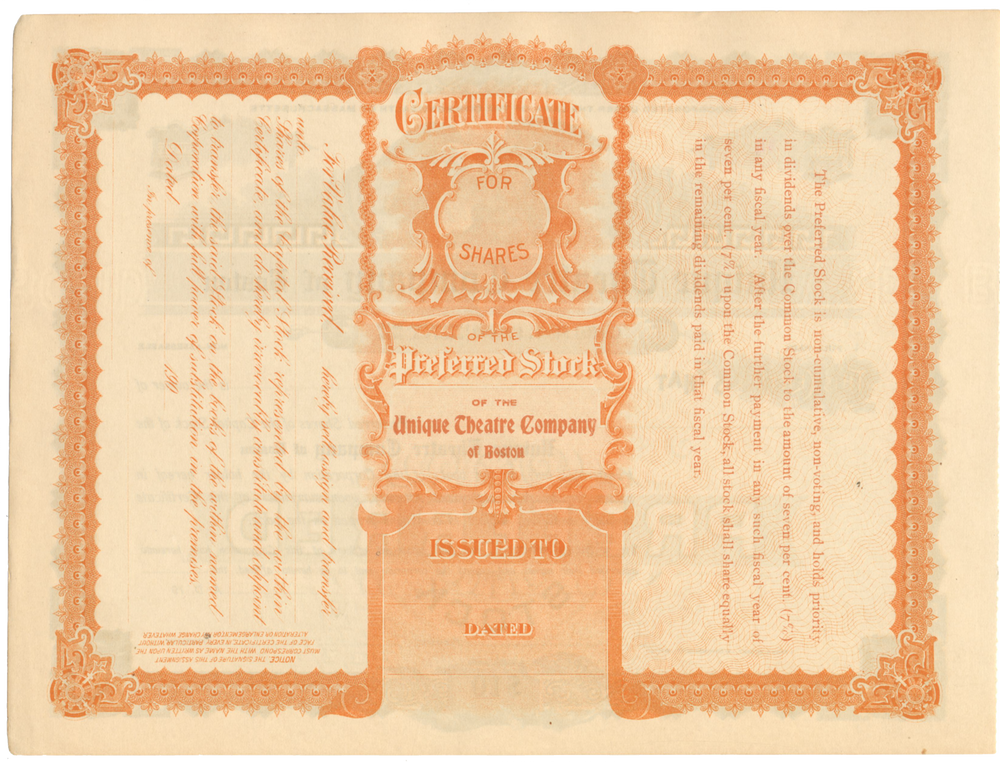 Unique Theatre Company of Boston Stock Certificate