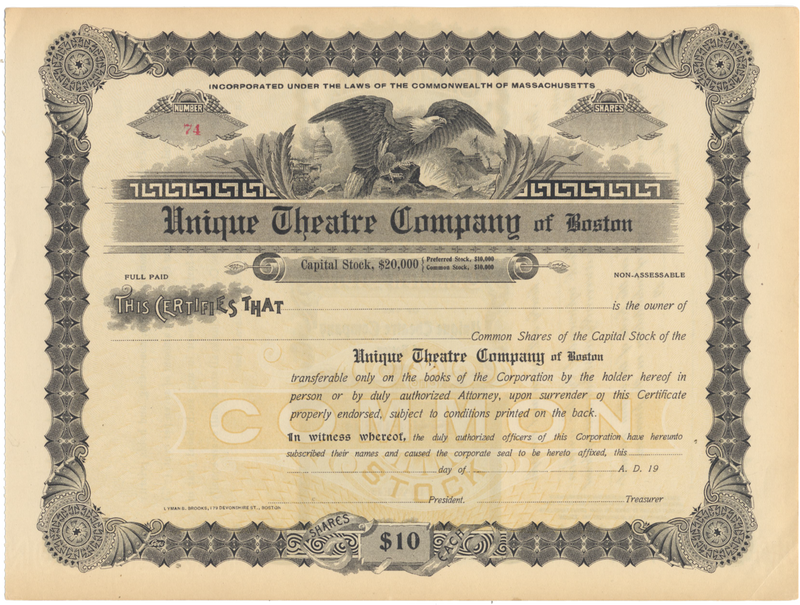 Unique Theatre Company of Boston Stock Certificate