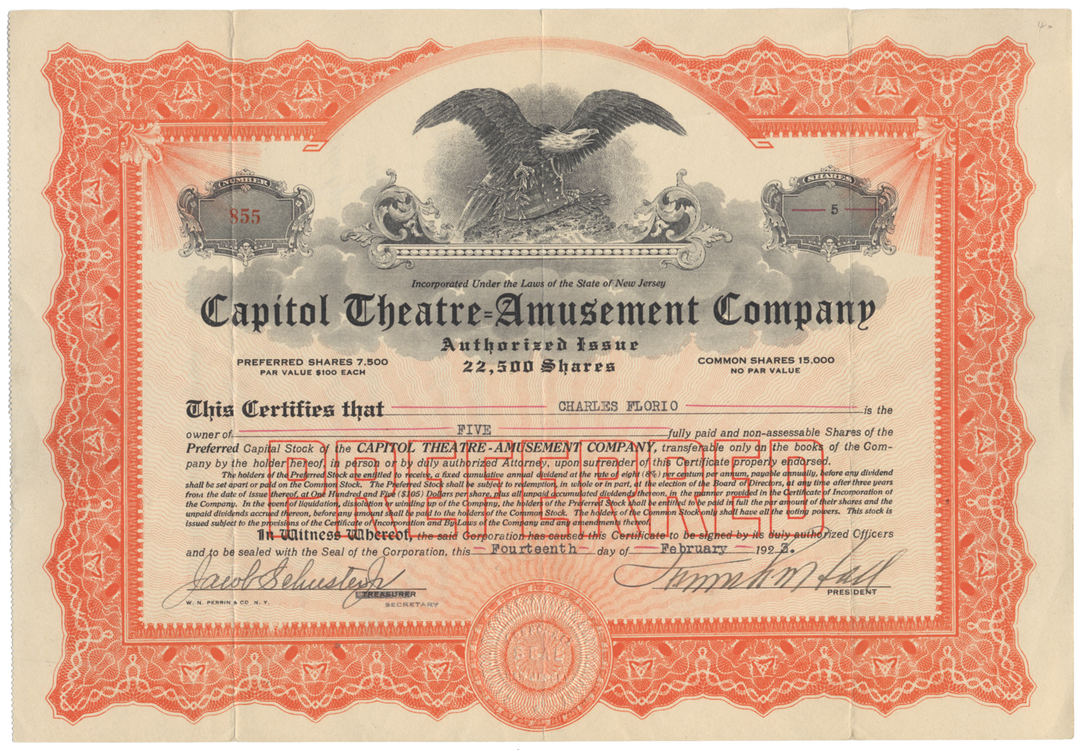 Capitol Theatre-Amusement Company Stock Certificate