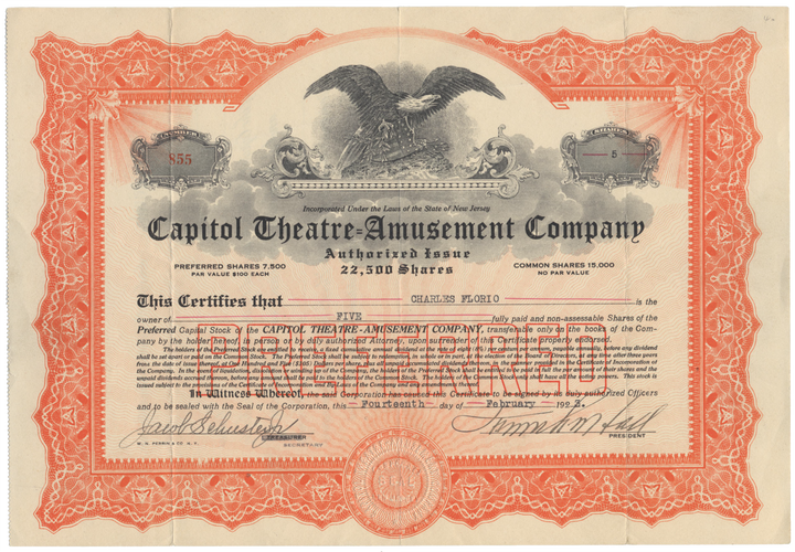 Capitol Theatre-Amusement Company Stock Certificate